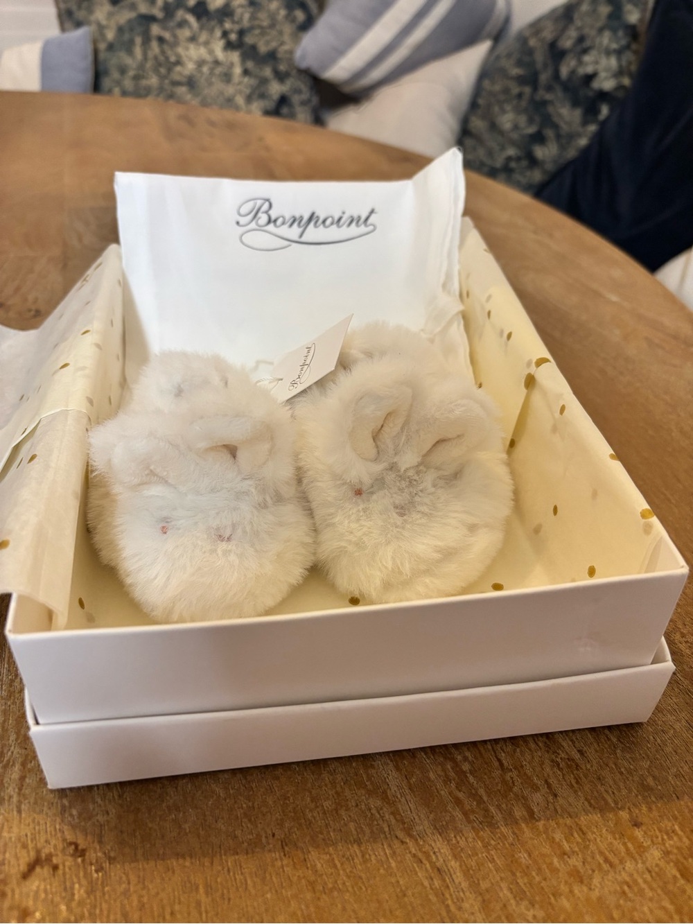 Bonpoint Cream Plush Baby Booties with Bunny Ears